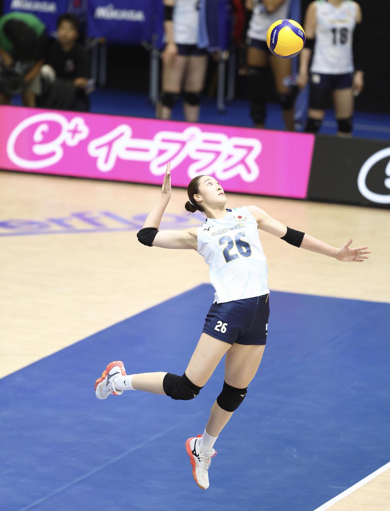 日本対韓国　第2セット、サーブを放つ佐藤（撮影・河田真司）