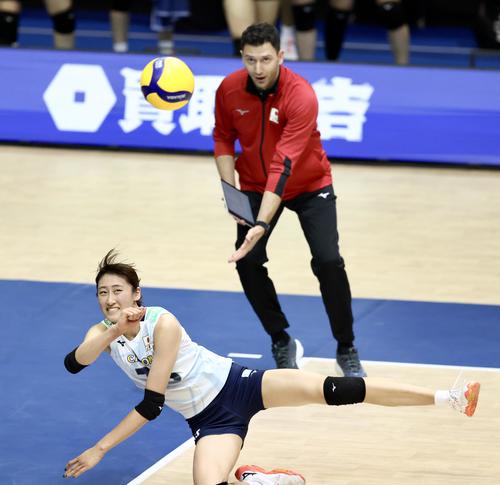 日本対韓国　第2セット、ボールに食らいつく秋本。後方はアクバシュ監督（撮影・河田真司）