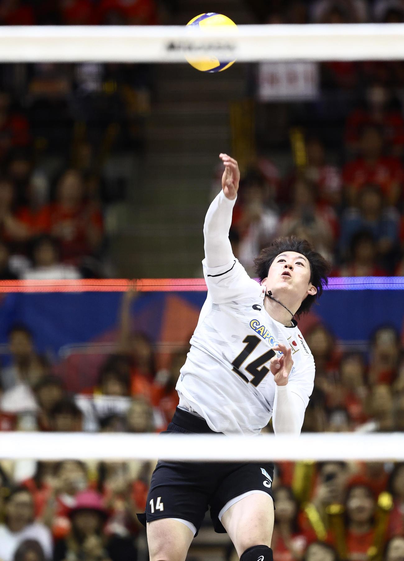 日本対アルゼンチン　第3セット、サーブを放つ石川（撮影・河田真司）