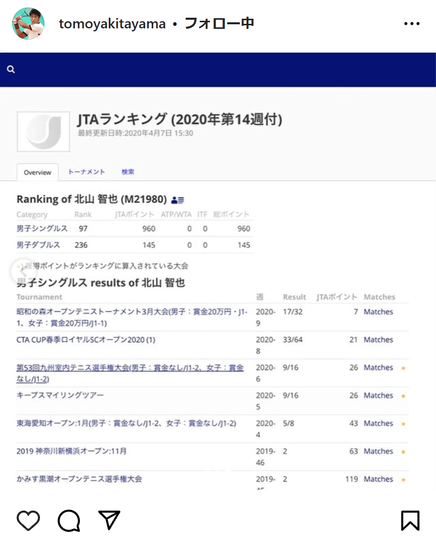 北山智也のインスタグラムから