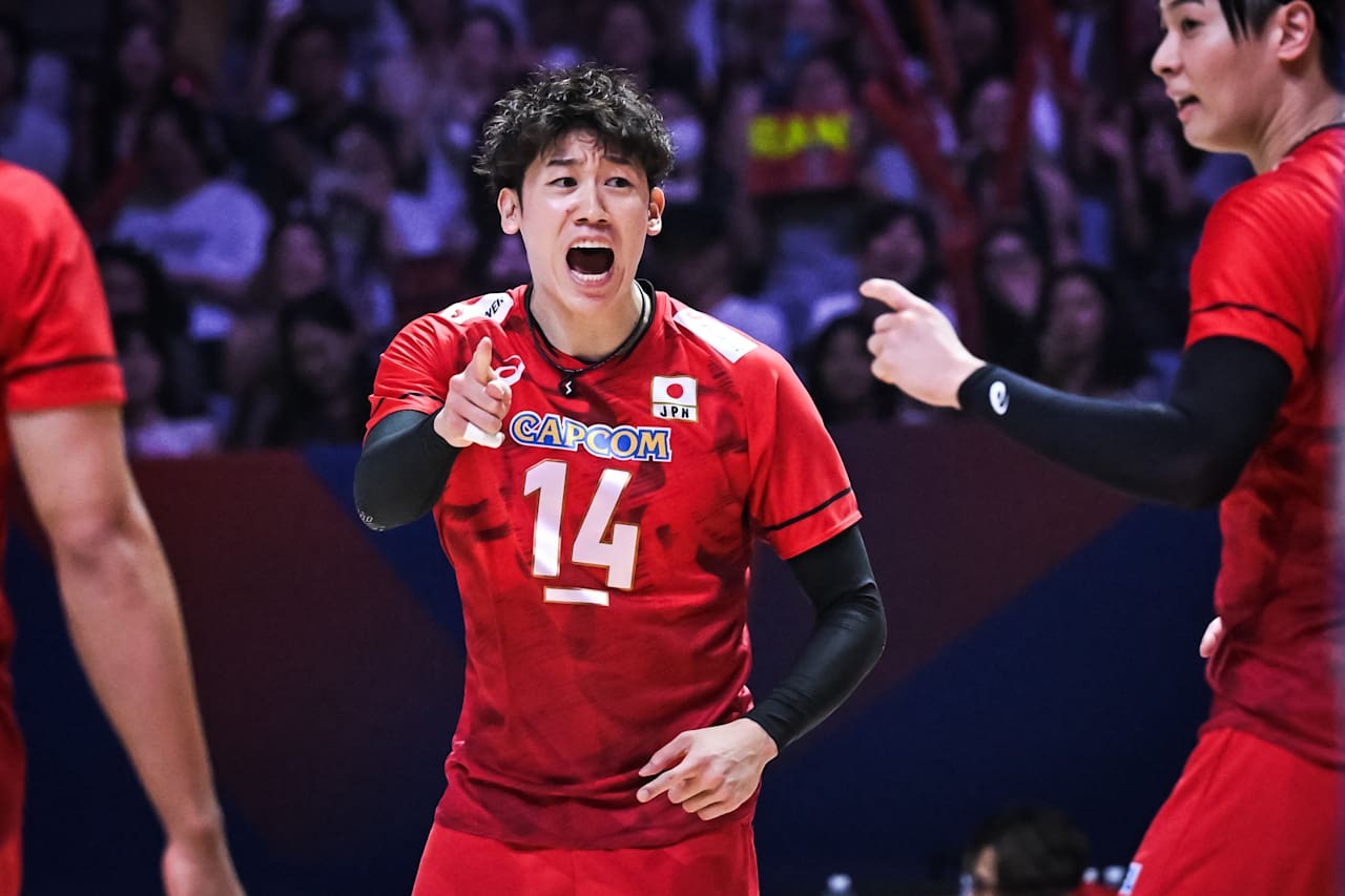得点を喜ぶ石川祐希（C）FIVB　　　　　　　　　　　　　　　　　　　　