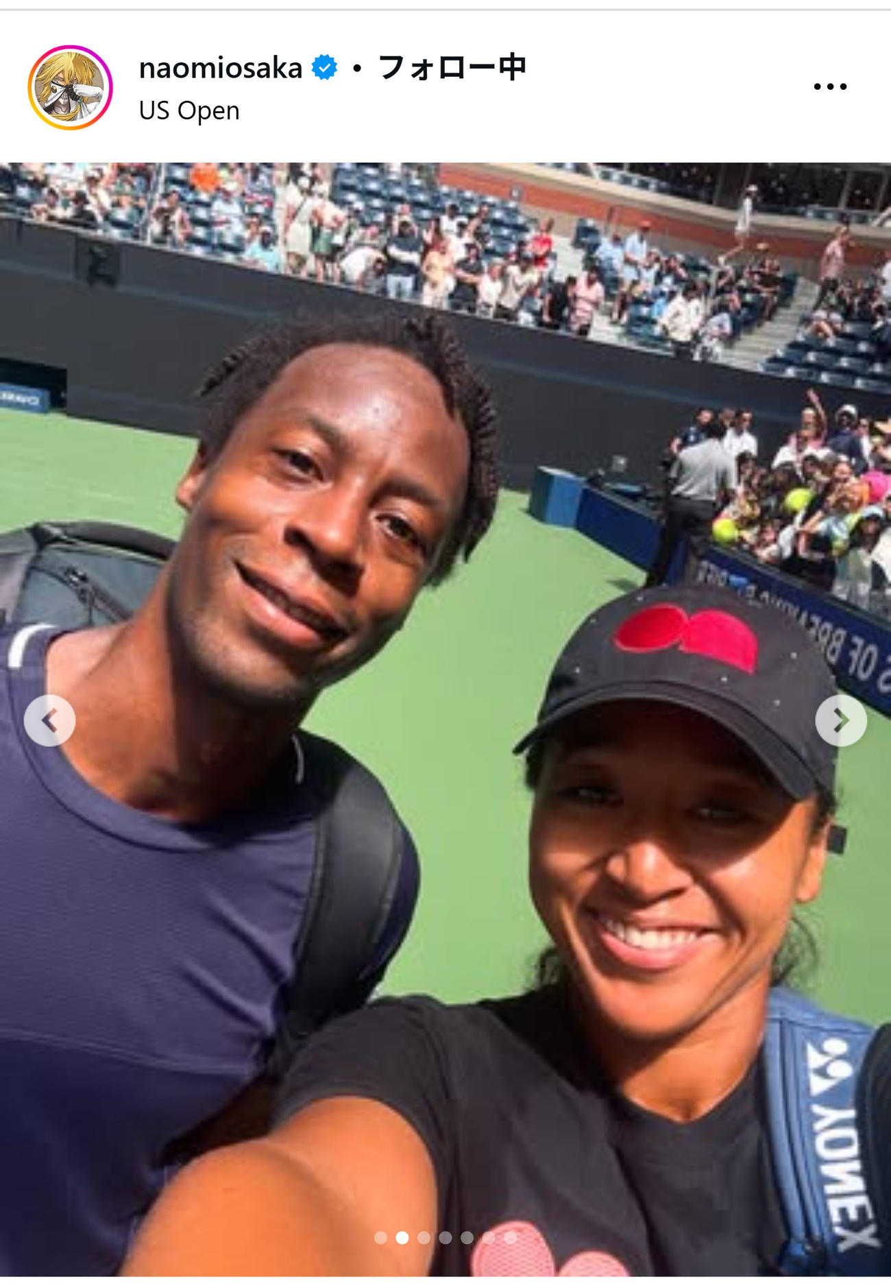混合ダブルスを戦ったモンフィスとの2ショットを投稿した大坂なおみ（インスタグラムから）