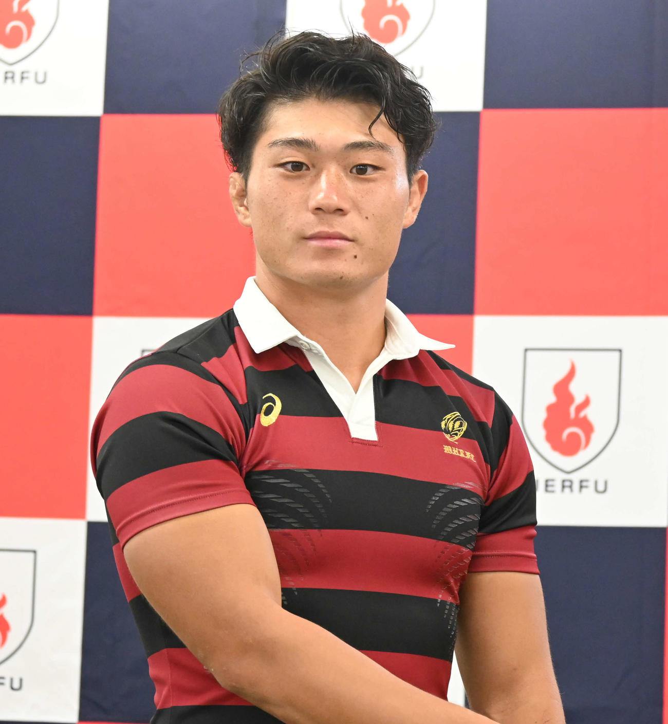 関東大学ラグビー対抗戦の共同会見に出席した早大の野中健吾主将（撮影・飯岡大暉）