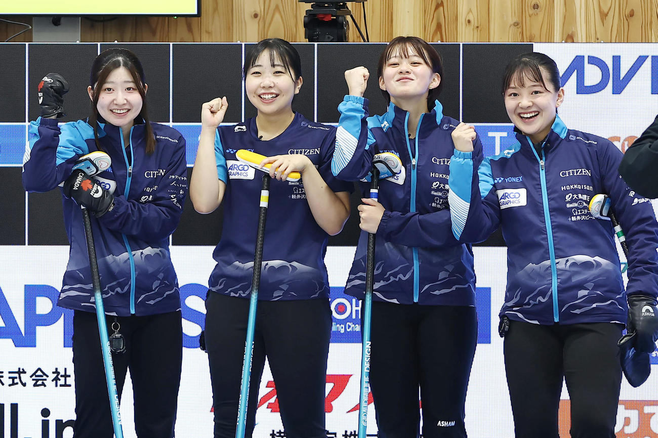 SC軽井沢クラブ対フォルティウス　ガッツポーズで決勝第1戦に臨むSC軽井沢クラブの選手たち（撮影・前田充）