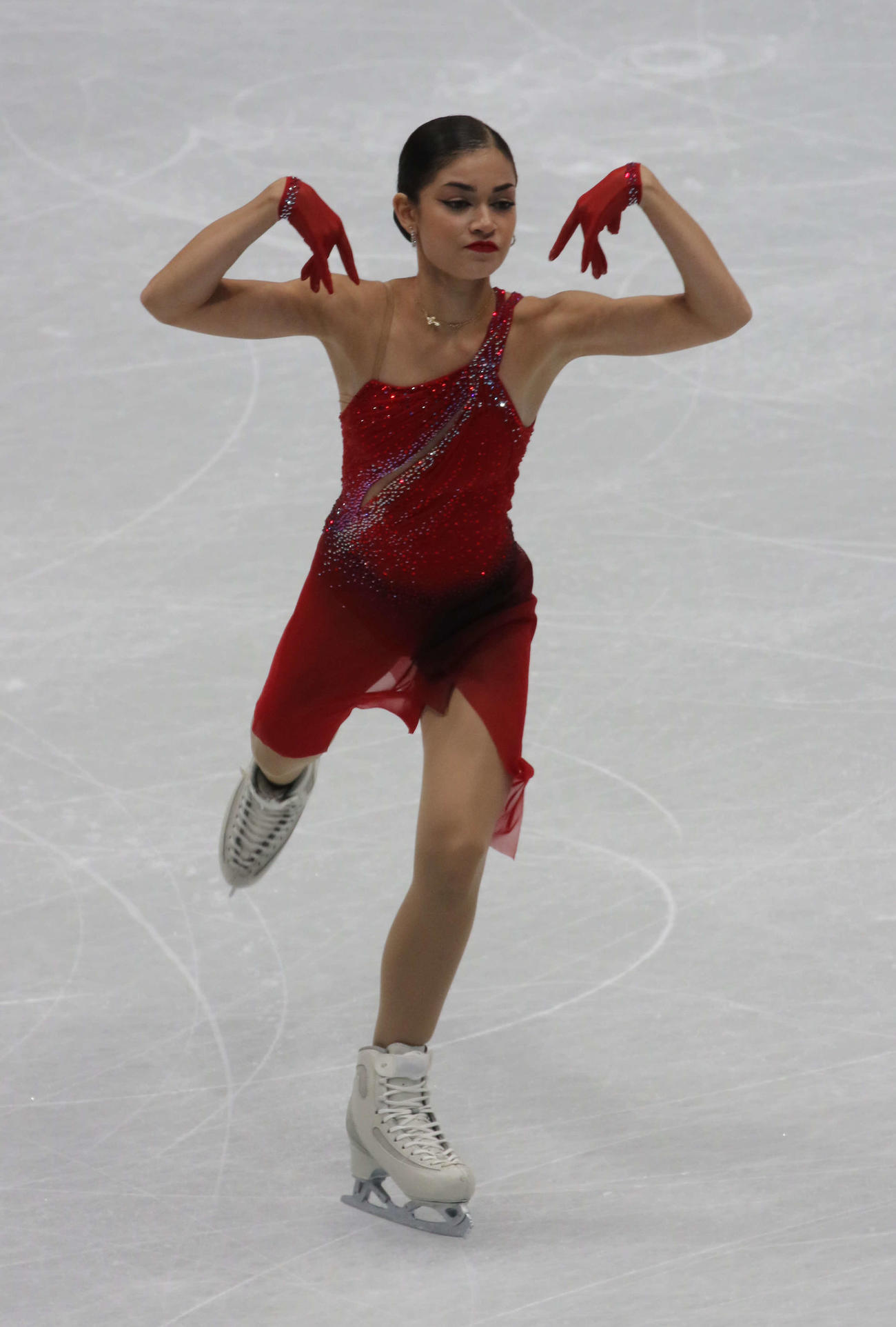 ミラノ・コルティナ冬季五輪最終予選女子フリー　演技するアデリア・ペトロシャン（撮影・松本航）