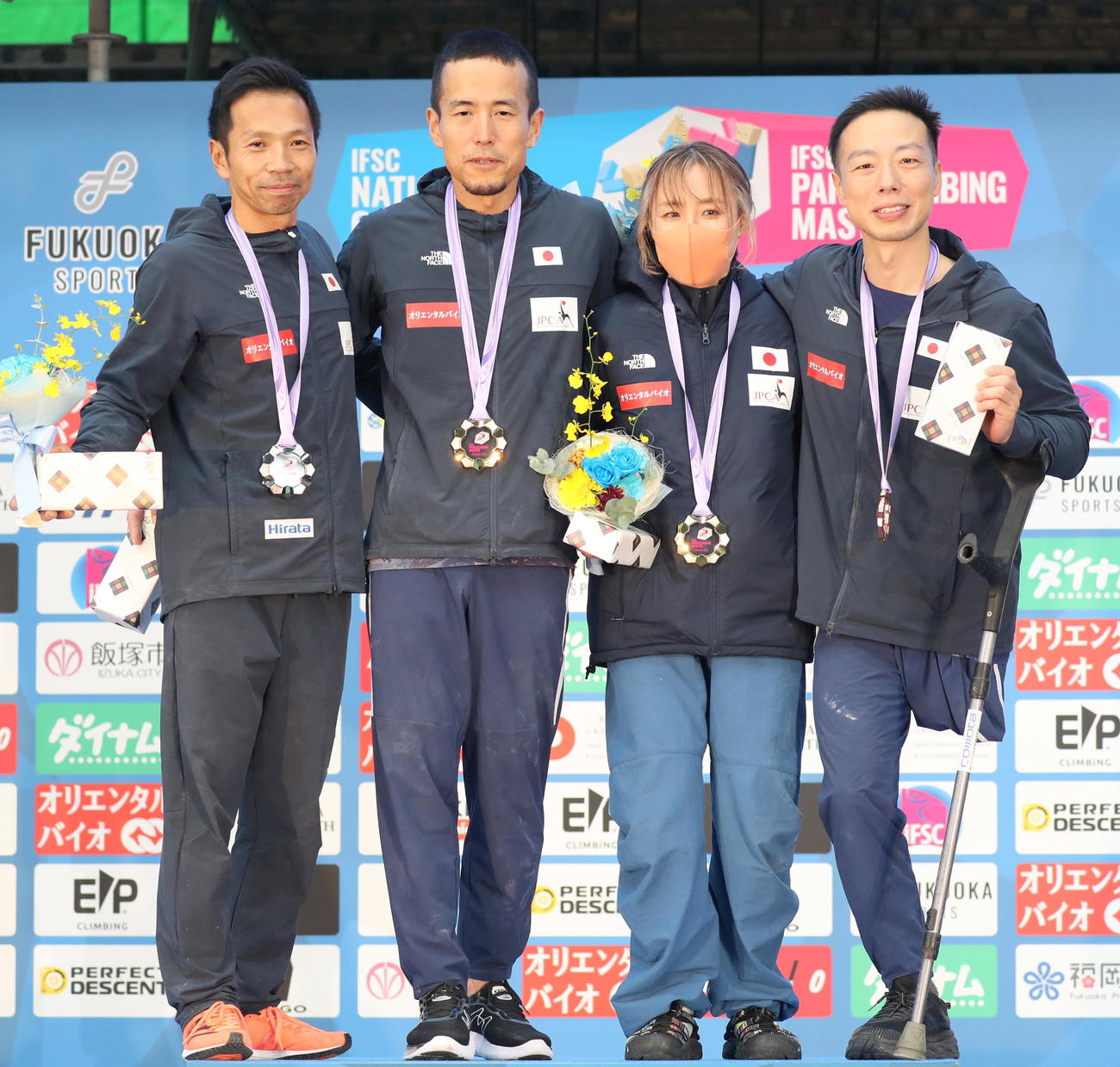 IFSCクライミンググランドファイナルズ福岡2025のパラクライミング・カテゴリーAのメダリスト（撮影・木下淳）