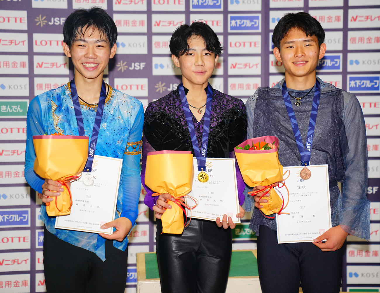 ジュニア男子フリーの表彰式で写真に納まる1位の西野（中央）、2位の蛯原（左）、3位の周藤（撮影・垰建太）