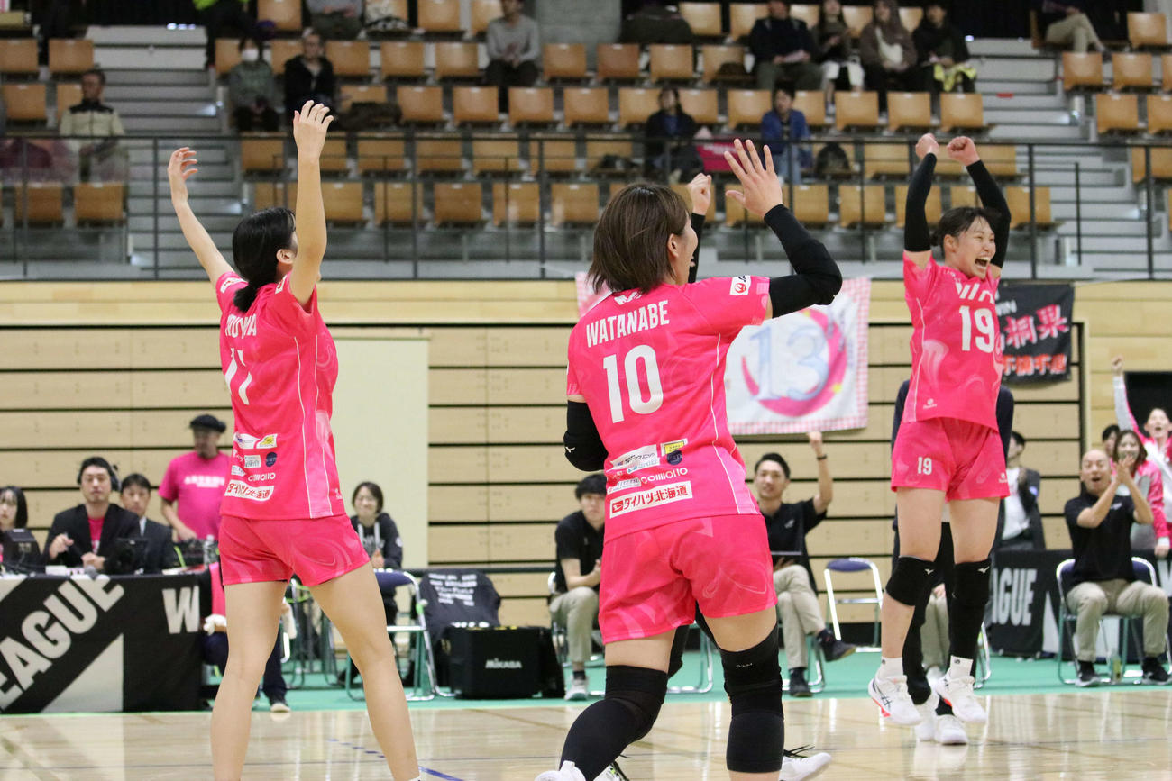 得点を挙げて喜ぶ長尾（右）らアルテミス北海道の選手たち
