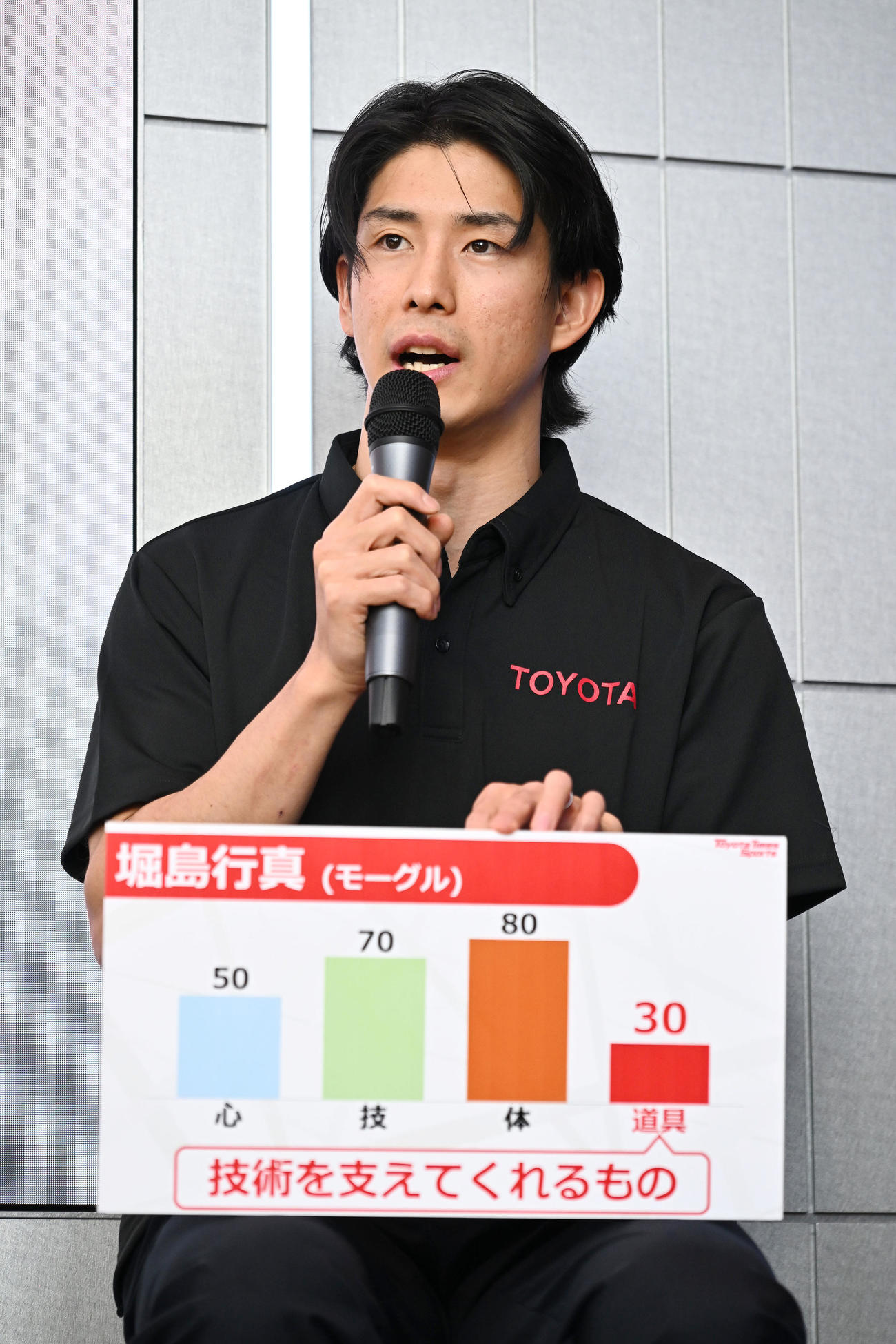 トークするフリースタイルスキーモーグルの堀島（撮影・滝沢徹郎）