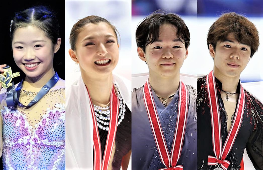左からフィギュアスケート女子の中井、坂本、同男子の鍵山、佐藤