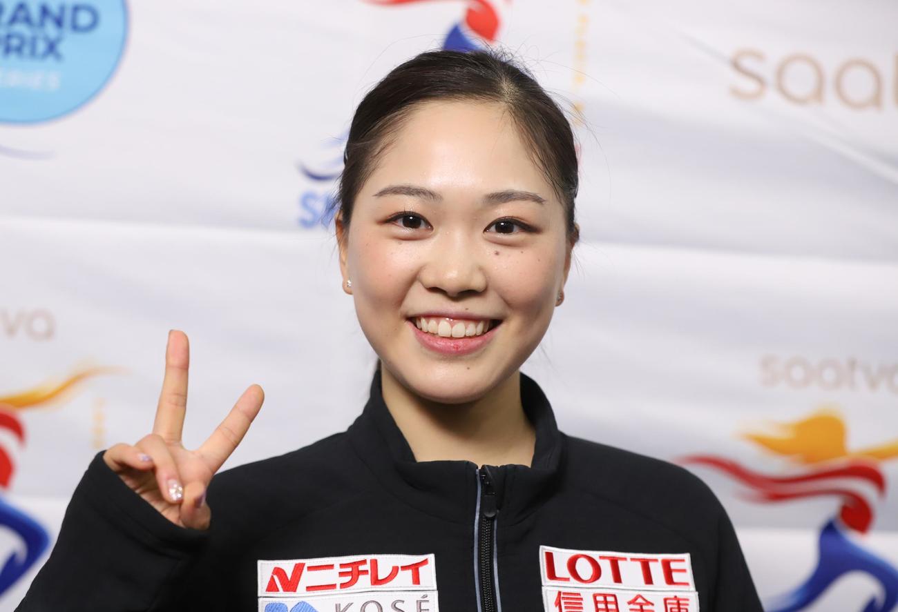 GPシリーズ・スケートアメリカ　開幕前日の公式練習後に笑顔を見せる吉田（撮影・藤塚大輔）
