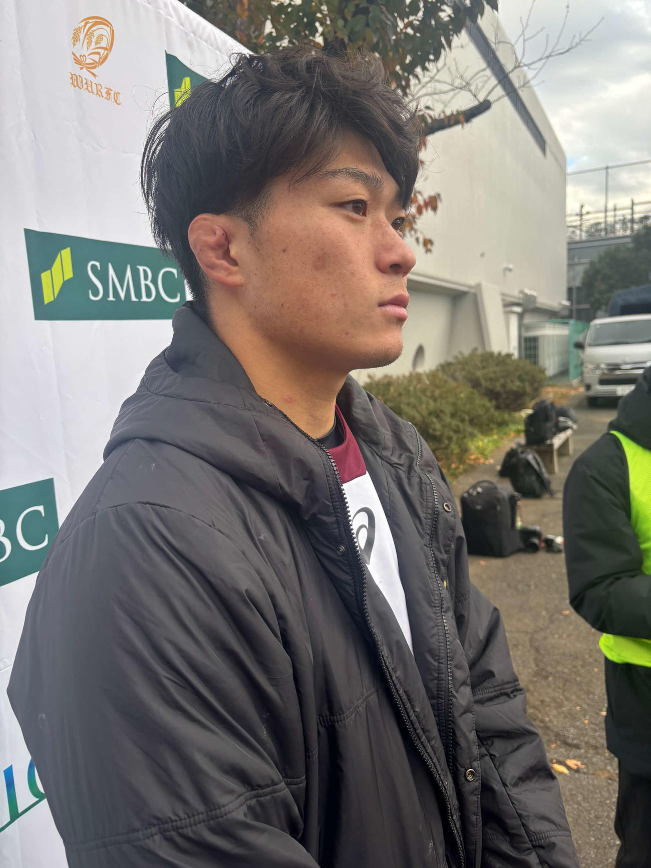 関東大学対抗戦の明大戦を翌日に控え、思いを語る早大CTB野中健吾主将（撮影・松本航）