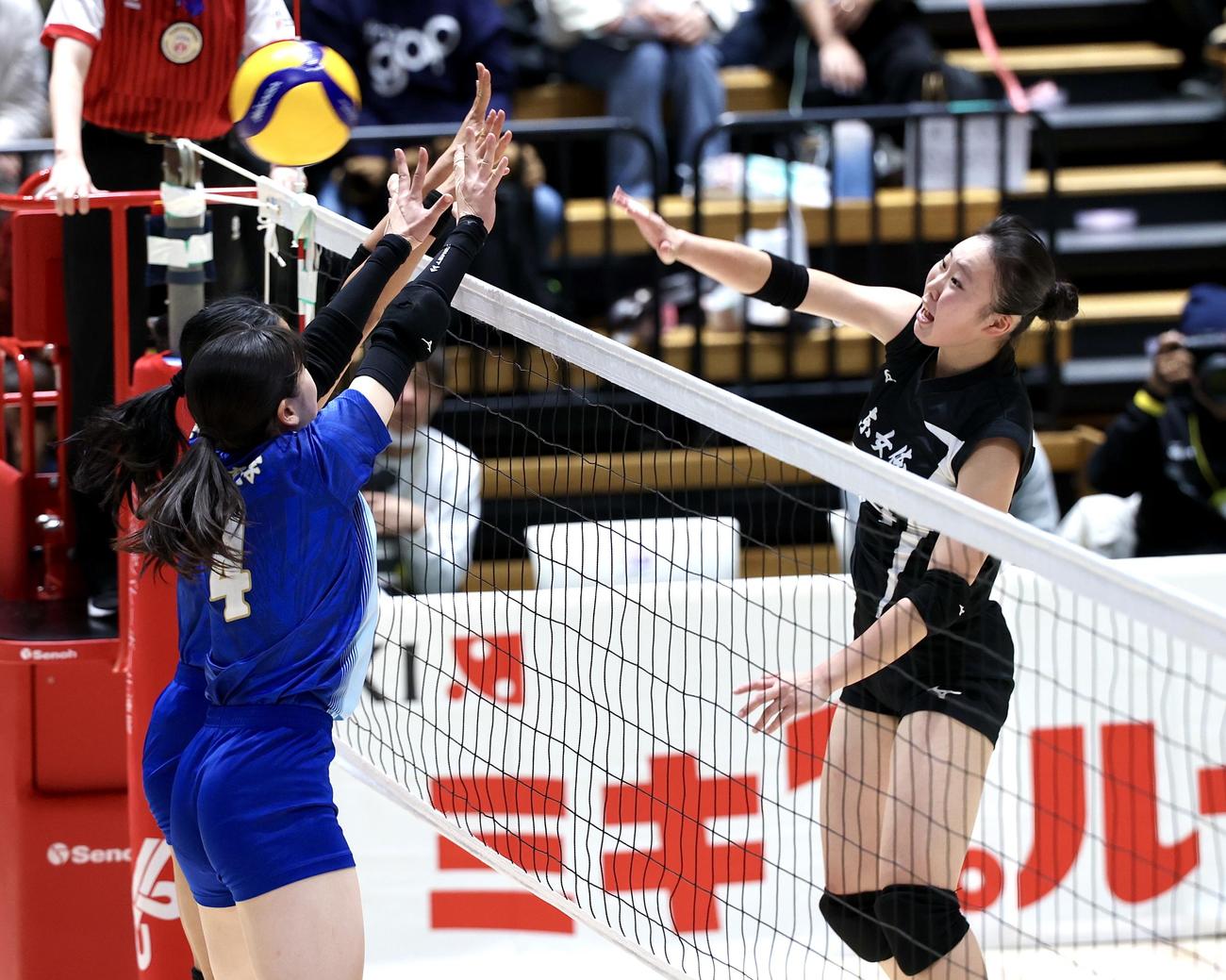 東女体大対鹿屋体大　スパイクを決める東女大・佐藤（撮影・宮地輝）