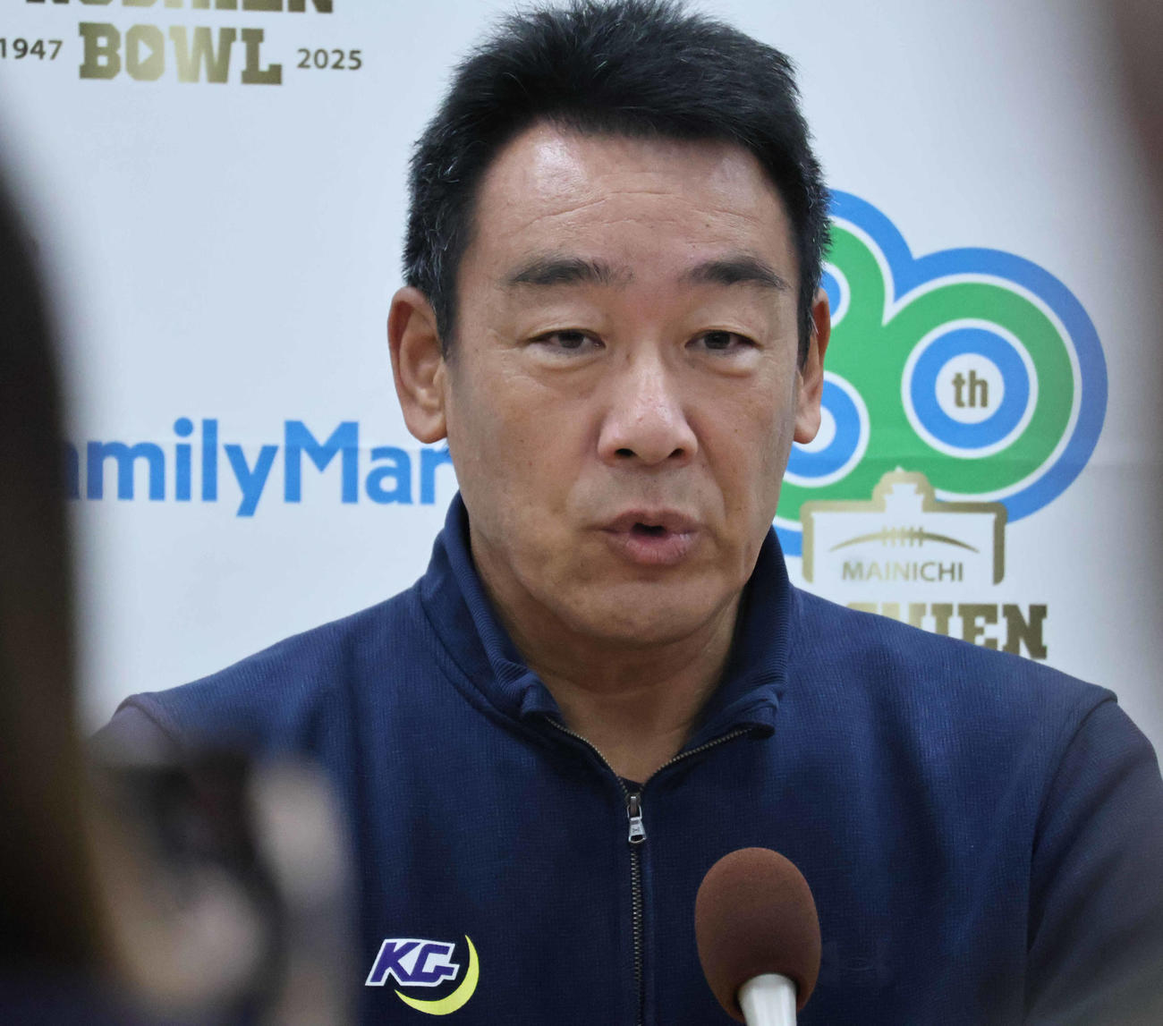 会見に出席した関学大の大村和輝監督（撮影・竹本穂乃加）