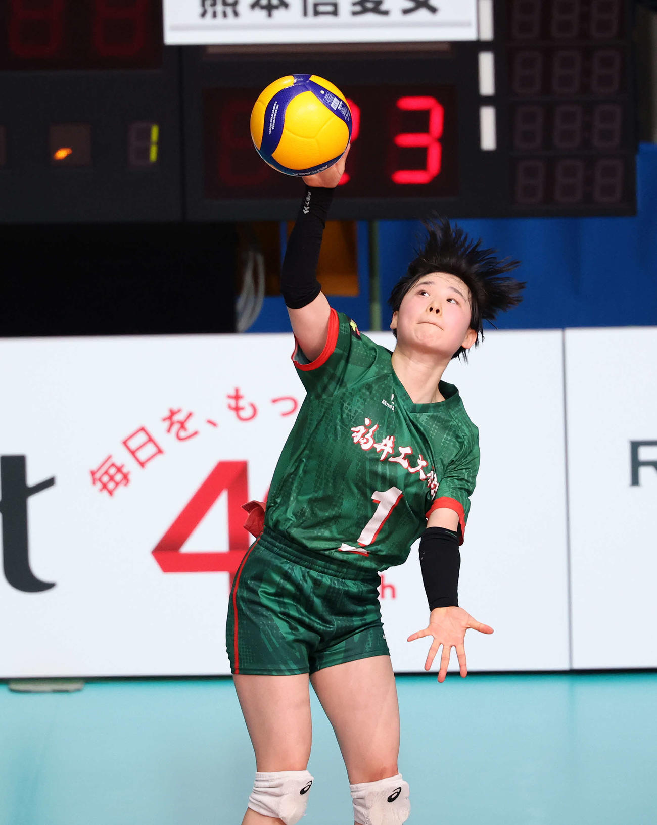 福井工大福井対熊本信愛女学院　第1セット、サーブを放つ福井工大福井・白鳥（撮影・鈴木正人）