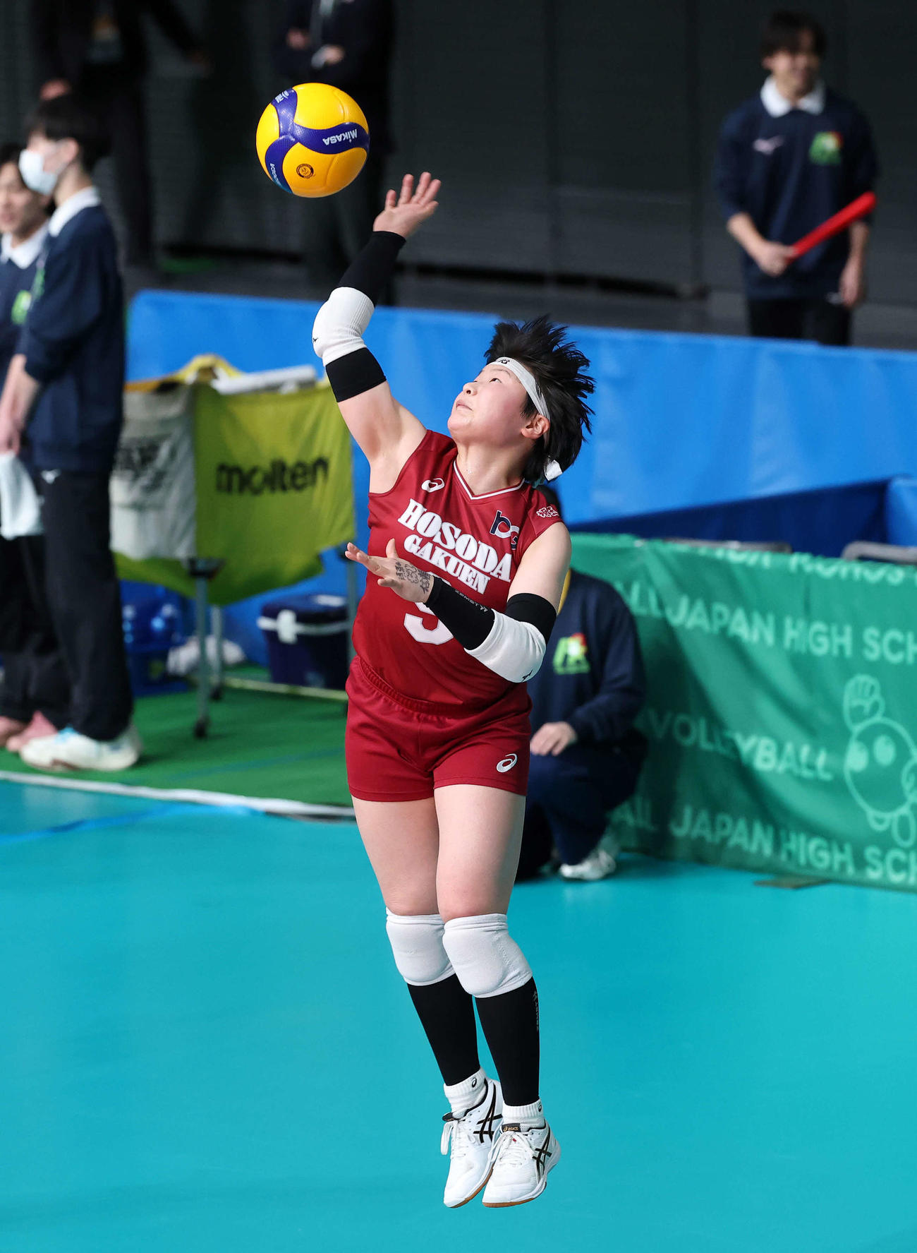 細田学園対就実　第1セット、サーブを放つ細田学園・樽井（撮影・鈴木正人）