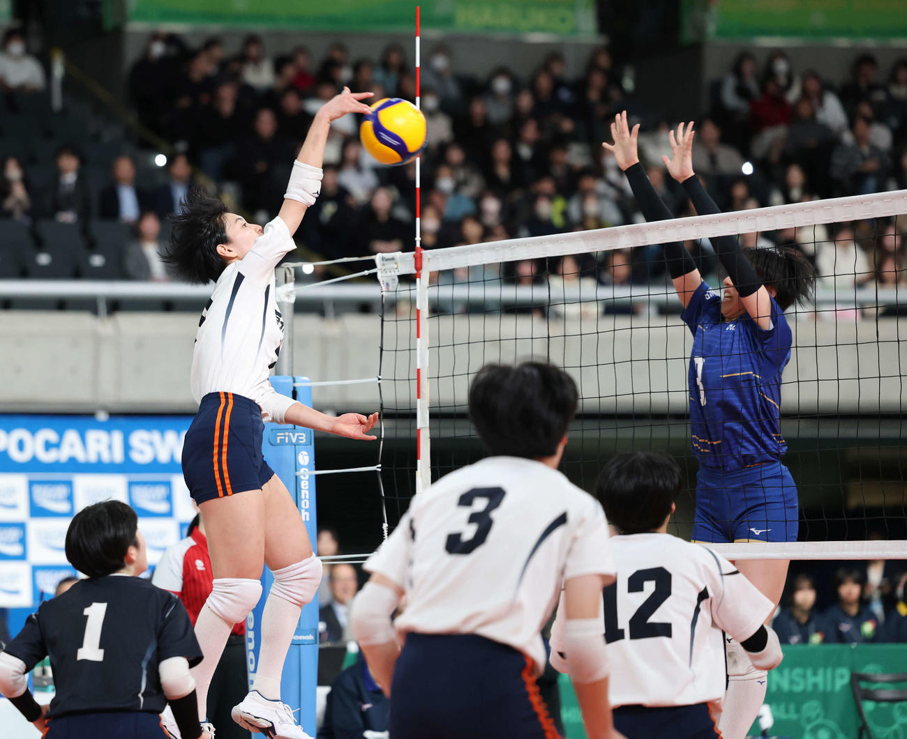 金蘭会対就実　第2セット、スパイクを放つ就実・石田（撮影・増田悦実）