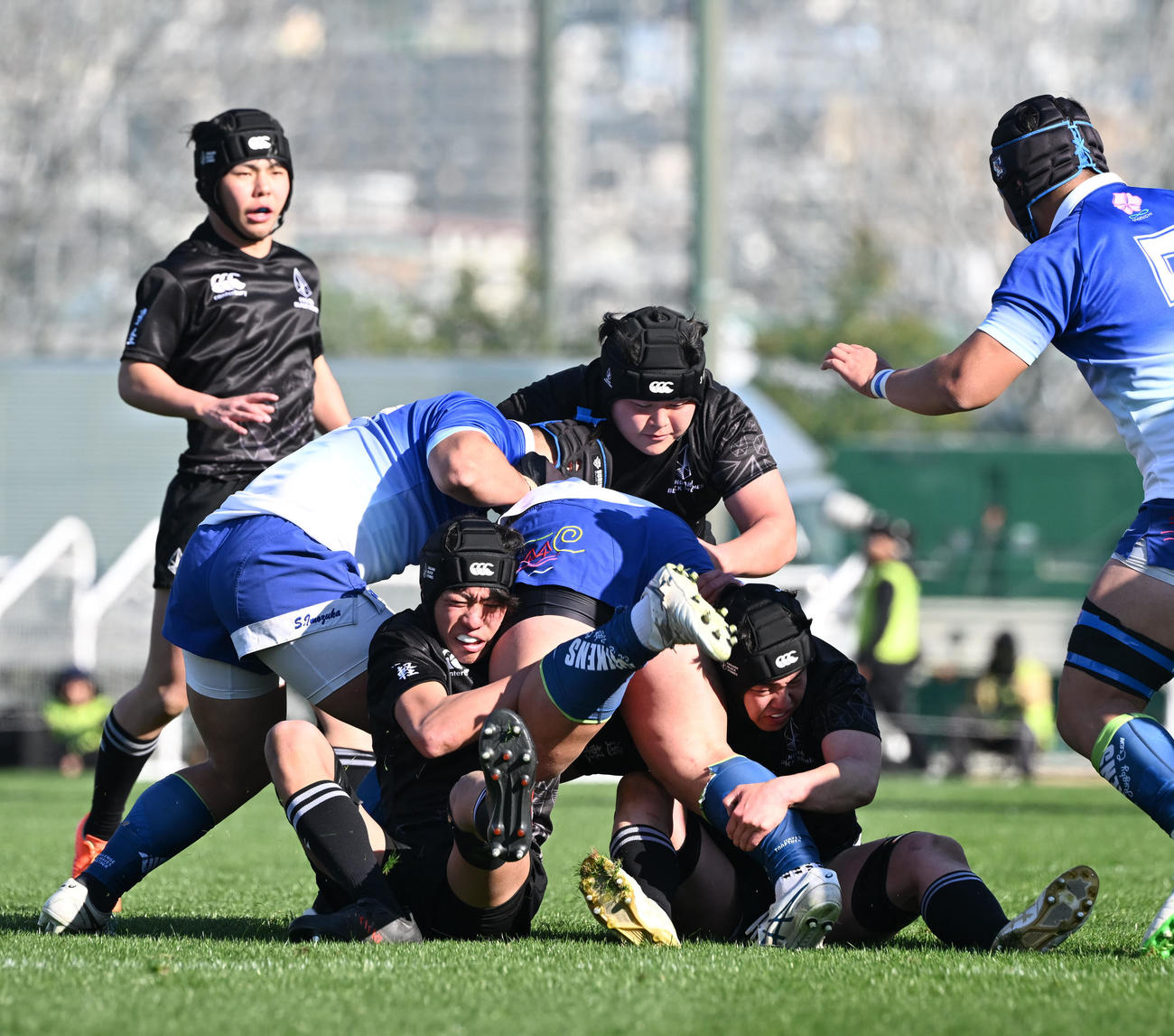 遠軽対尾道　前半、低いタックルで尾道の突進を阻む遠軽のディフェンス陣（撮影・和賀正仁）