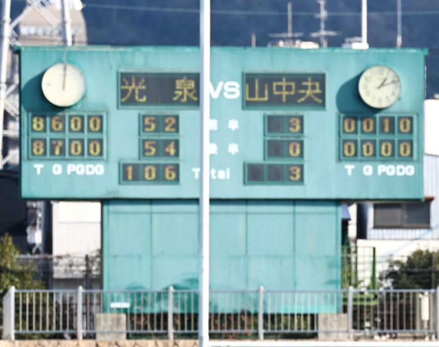 光泉カトリック対山形中央　106点が表示されたスコアボード（撮影・上田博志）