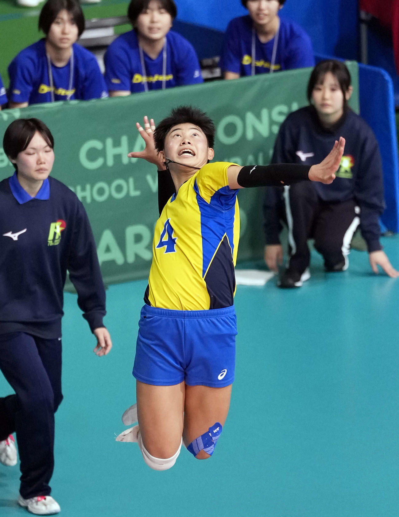 女子1回戦　郡山女大付対鹿児島城西　第2セット　サーブを放つ鹿児島城西・頼冨（撮影・小島史椰）