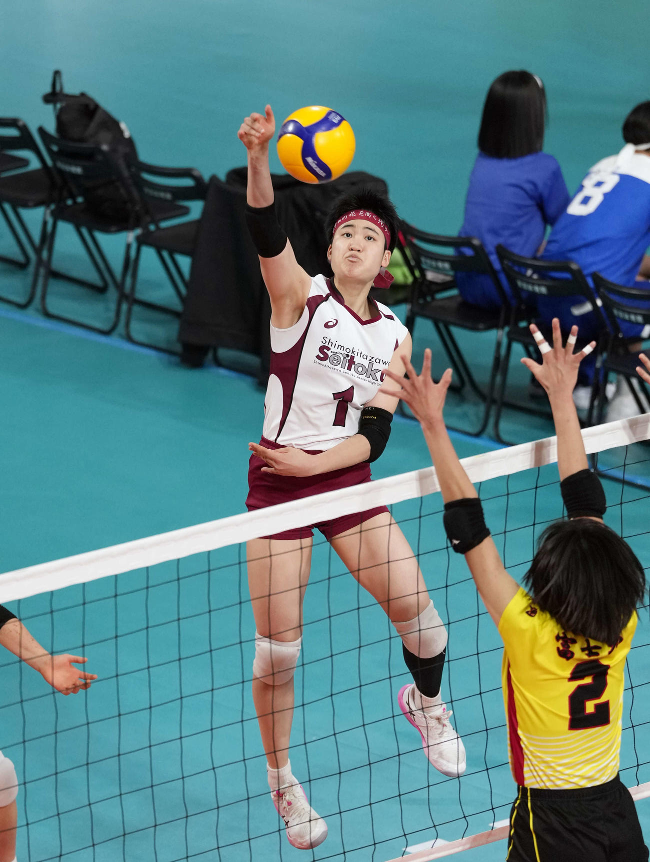 富士見対下北沢成徳　第2セット　スパイクを放つ下北沢成徳・萩野（撮影・小島史椰）