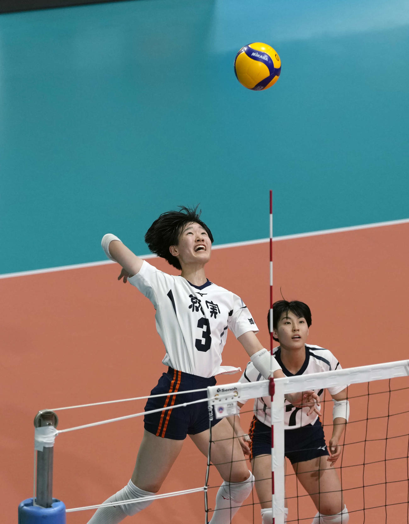 女子2回戦　京都橘対就実　第1セット　スパイクを放つ就実・牛田（撮影・小島史椰）