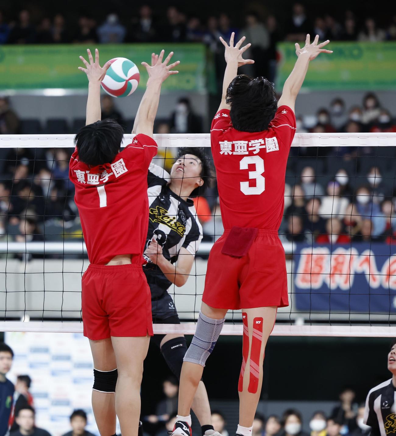 静清対東亜学園　第2セット　スパイクを放つ静清・川上（中央）（撮影・山本朝陽）