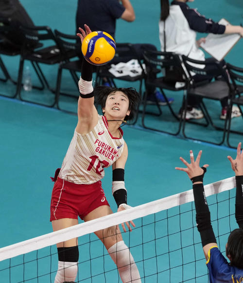 女子2回戦　古川学園対大阪国際　第2セット　スパイクを放つ古川学園・三浦（撮影・小島史椰）