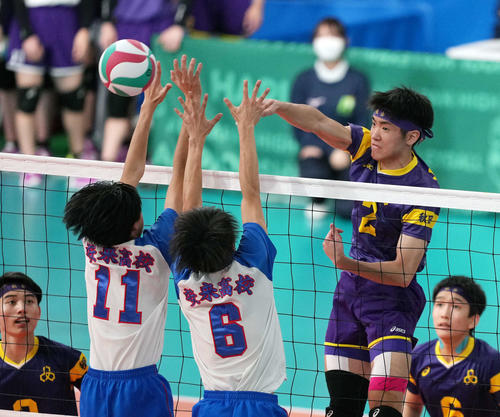 男子2回戦　雄物川対安来　第2セット　スパイクを放つ雄物川・佐々木（撮影・小島史椰）