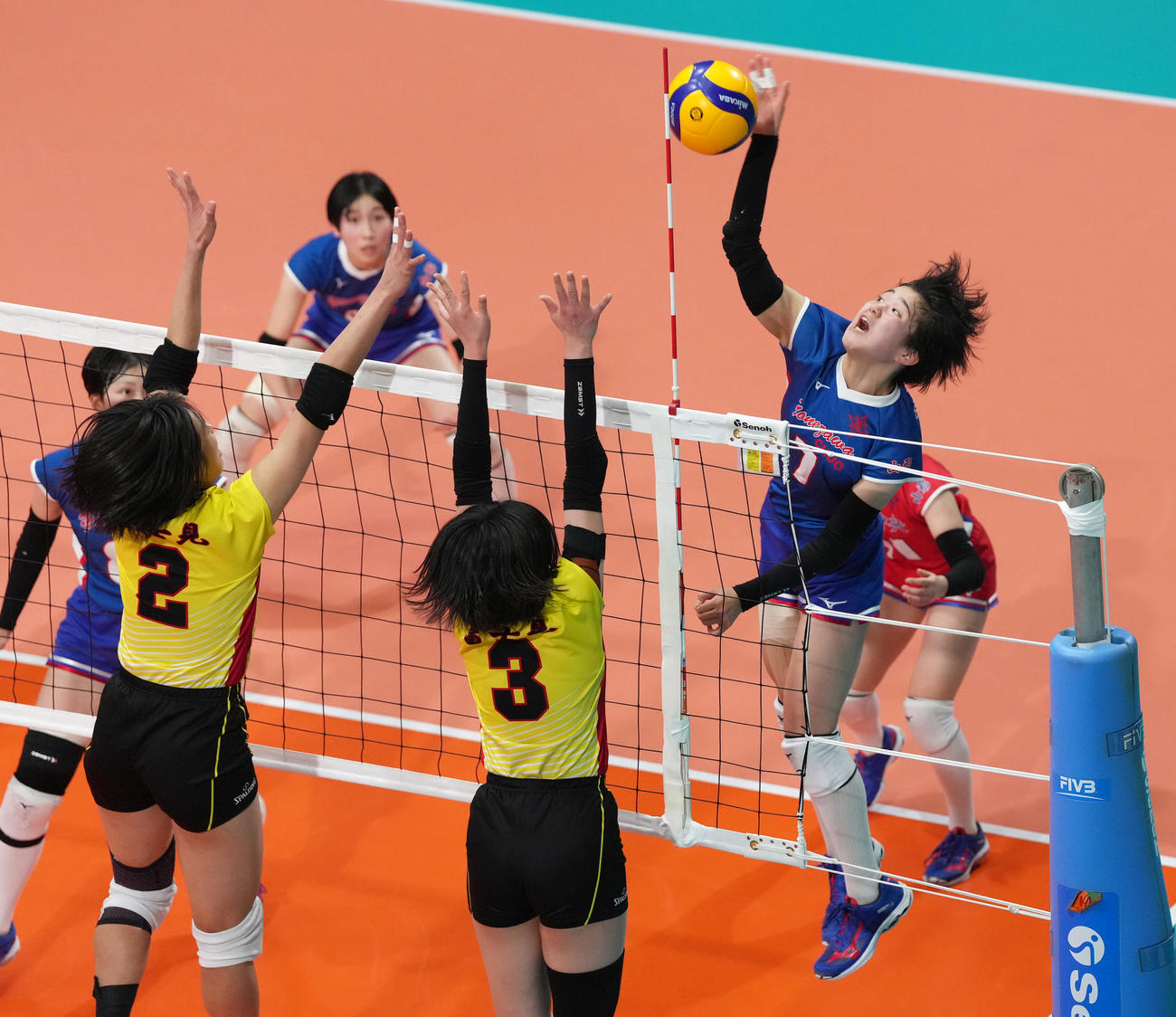 女子3回戦　米沢中央対富士見　スパイクを放つ米沢中央・小島（右）（撮影・足立雅史）