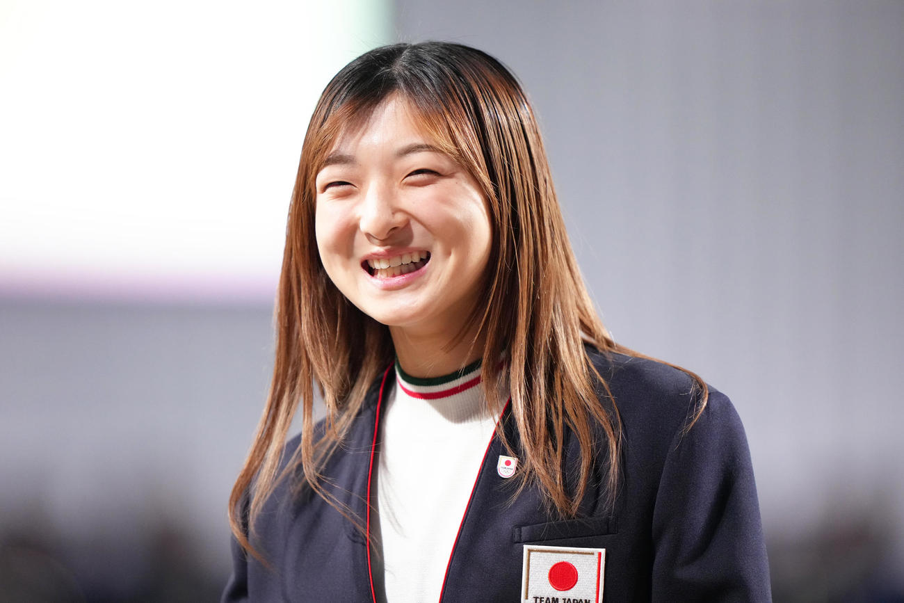 壮行会を前に、笑顔を見せる坂本（撮影・足立雅史）