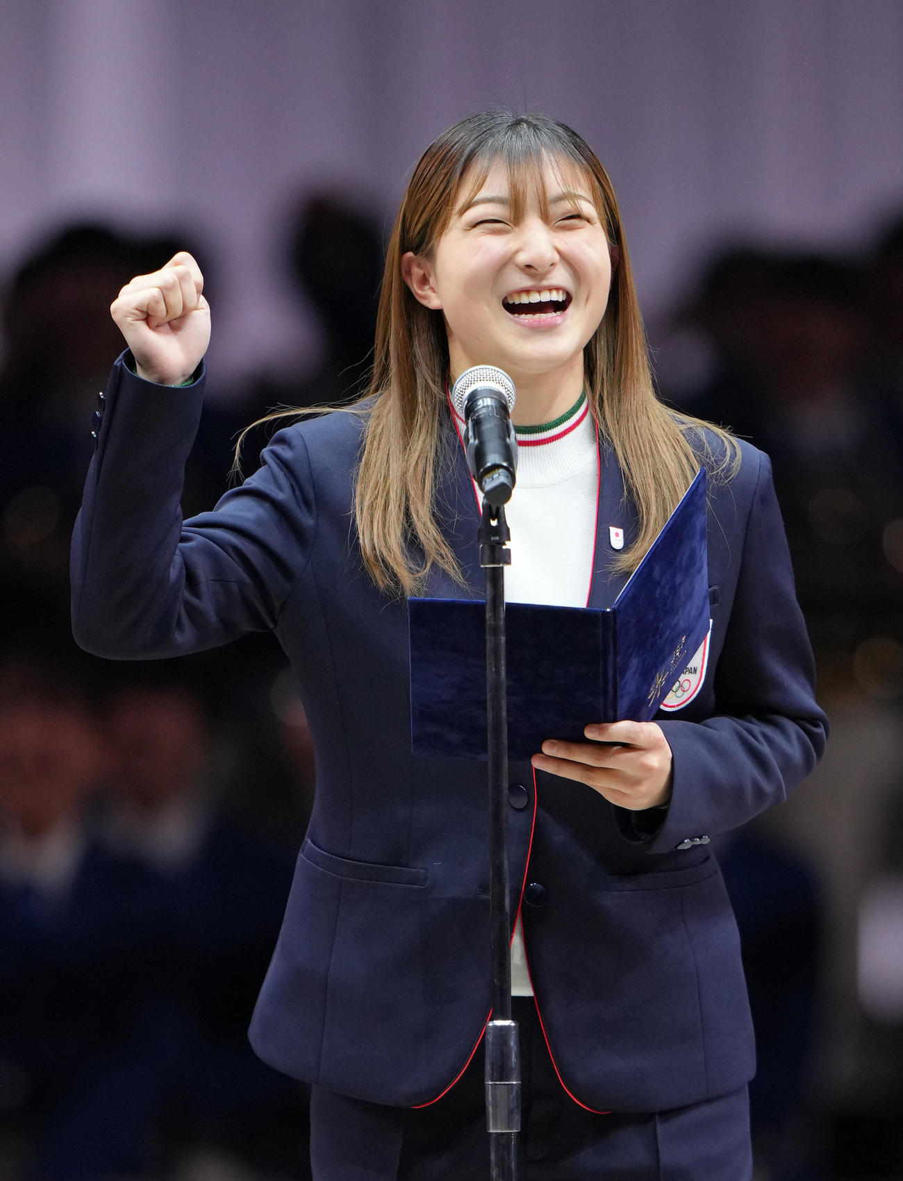 壮行会であいさつする坂本（撮影・足立雅史）