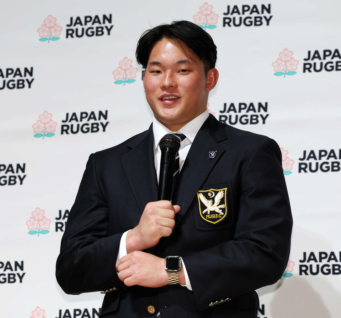 男子ラグビーW杯2035招致キックオフ宣言記者会見に臨む明大・利川（撮影・宮地輝）