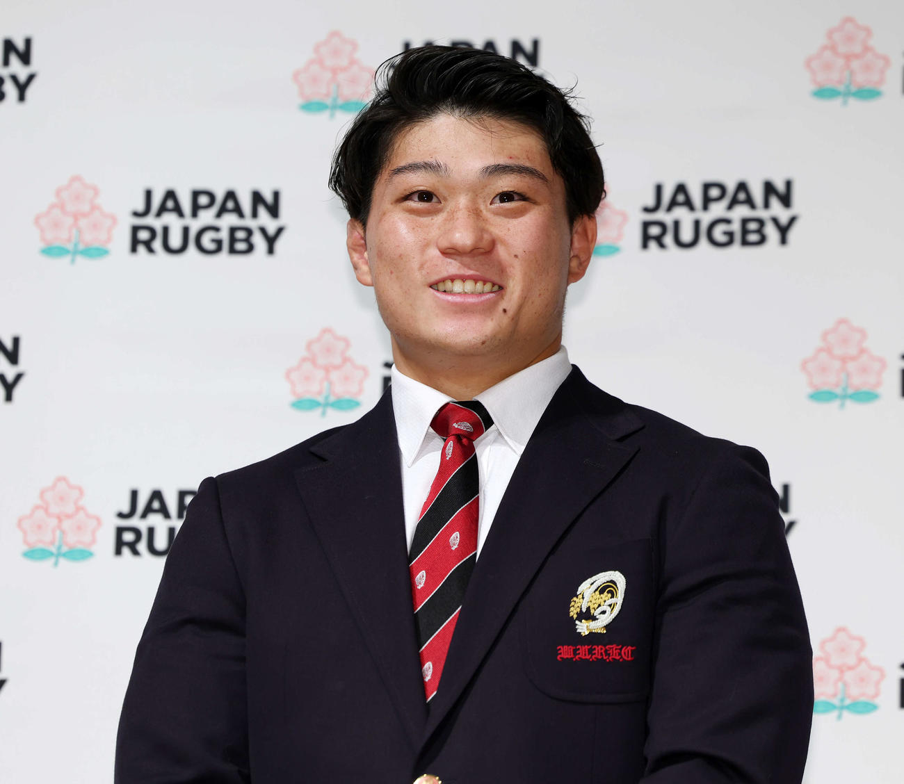男子ラグビーW杯2035招致キックオフ宣言記者会見に臨む早大・野中（撮影・宮地輝）