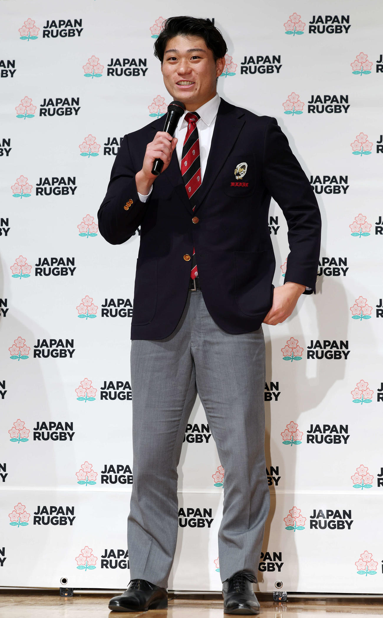 男子ラグビーW杯2035招致キックオフ宣言記者会見に臨む早大・野中（撮影・宮地輝）