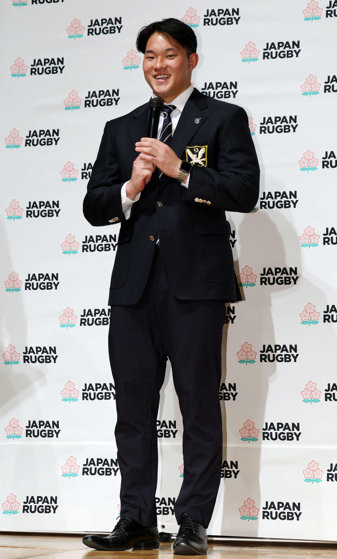 男子ラグビーW杯2035招致キックオフ宣言記者会見に臨む明大・利川（撮影・宮地輝）