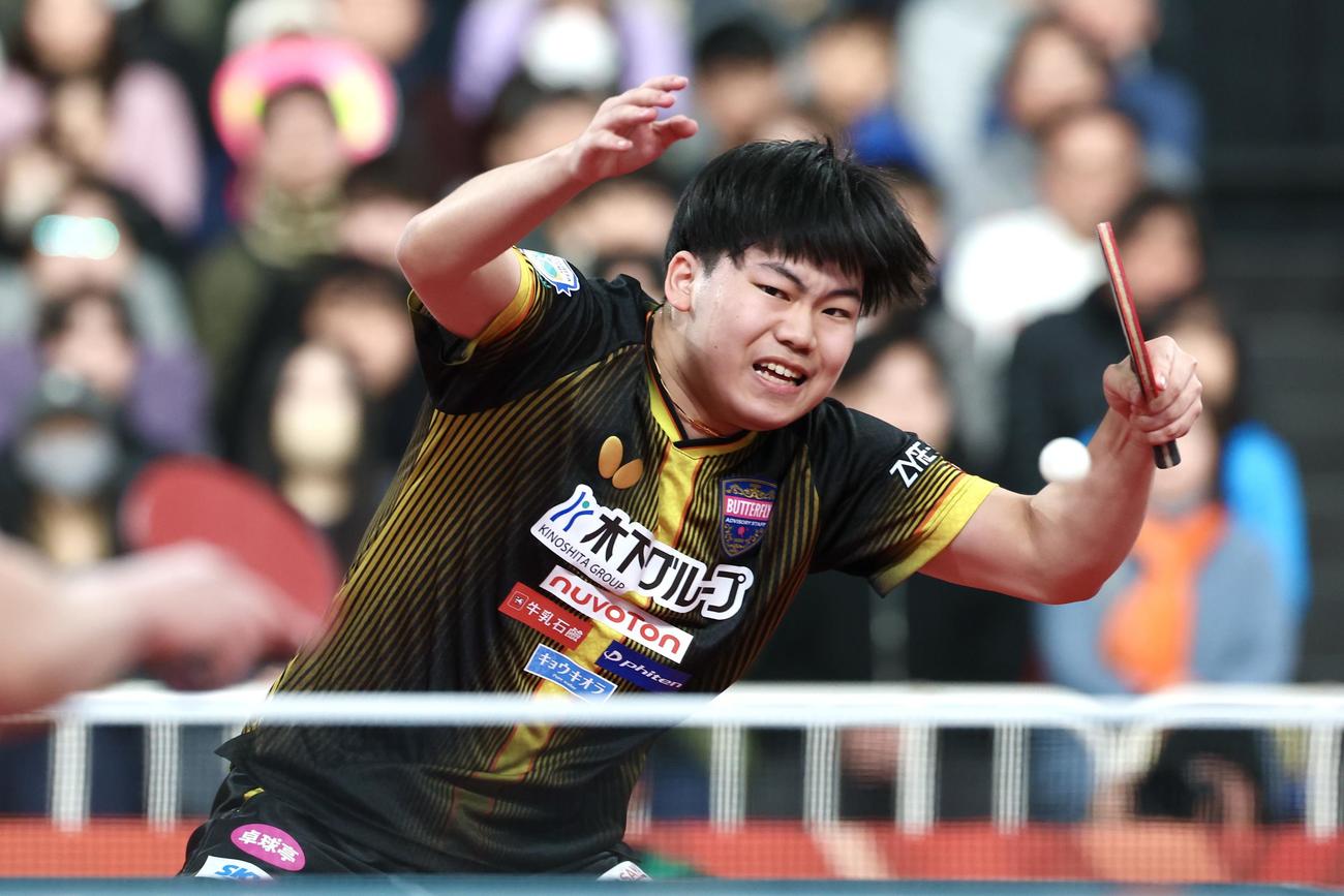 男子シングルス準決勝で打ち返す松島（撮影・宮地輝）