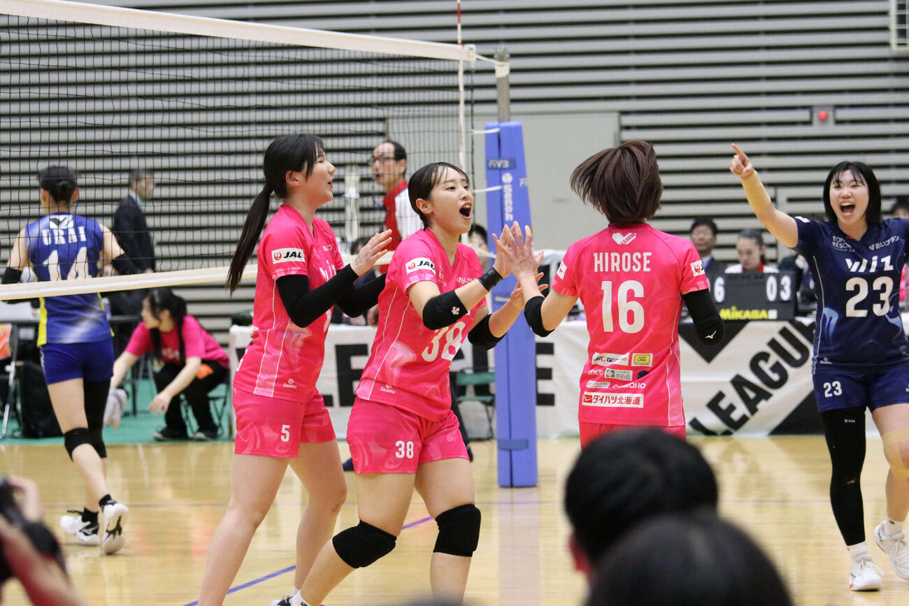 得点が入り喜ぶアルテミス北海道の選手たち