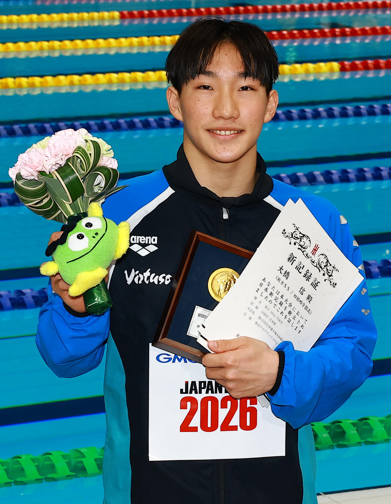 男子100メートル平泳ぎを日本新で制し喜ぶ大橋（撮影・野上伸悟）