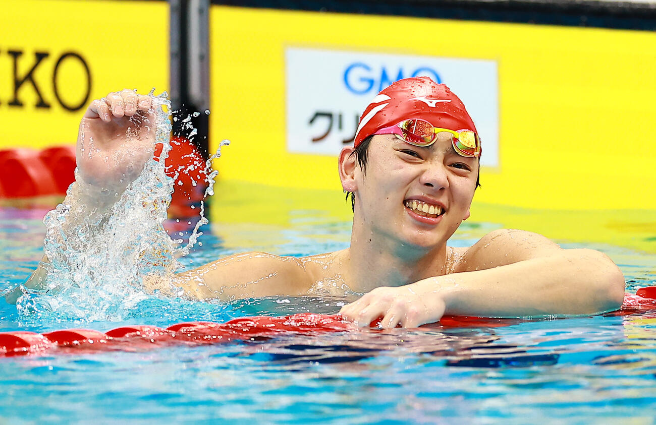男子50メートルバタフライで優勝するも悔しげな光永（撮影・野上伸悟）