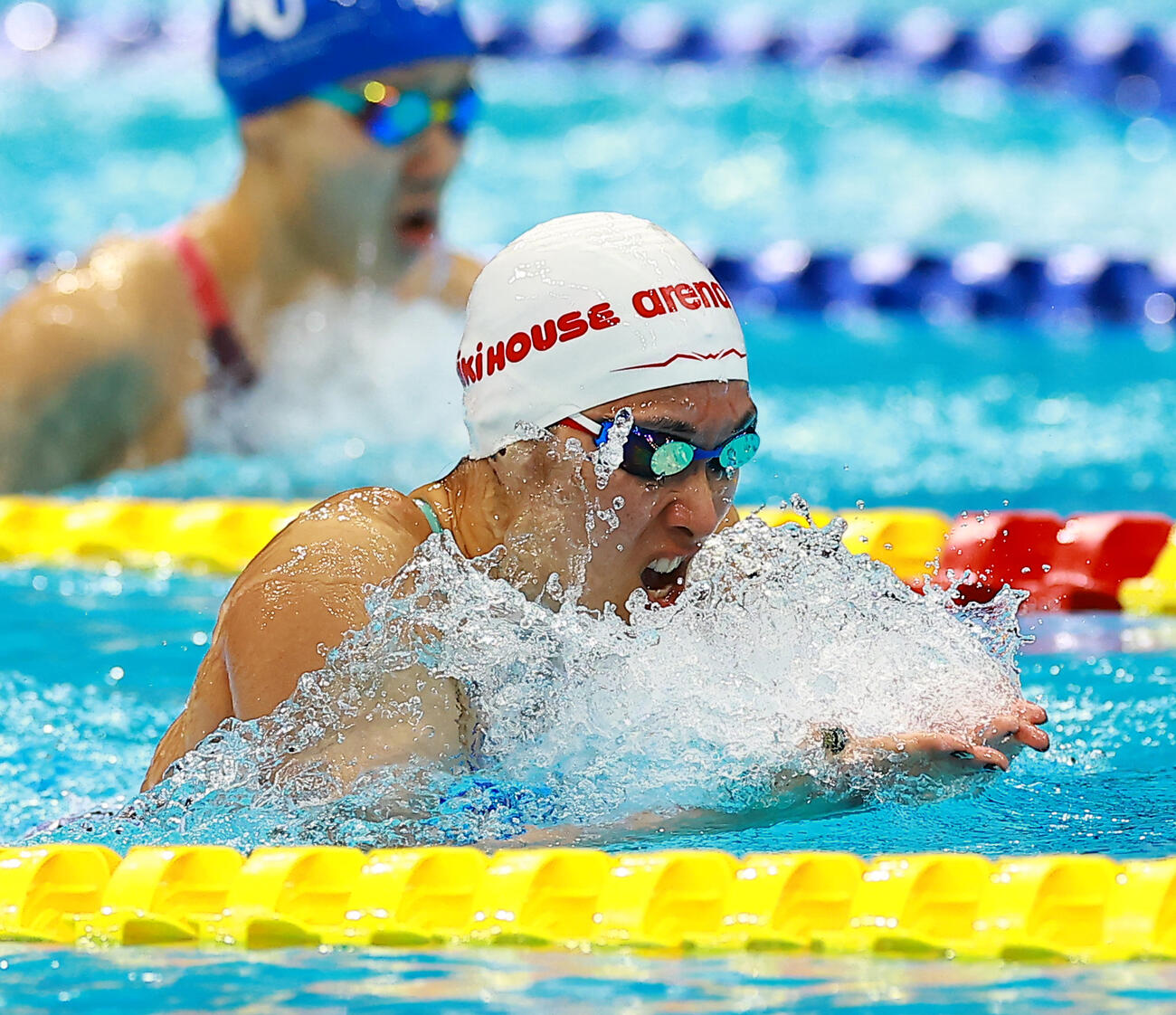 女子100メートル平泳ぎで優勝した鈴木聡美（撮影・野上伸悟）