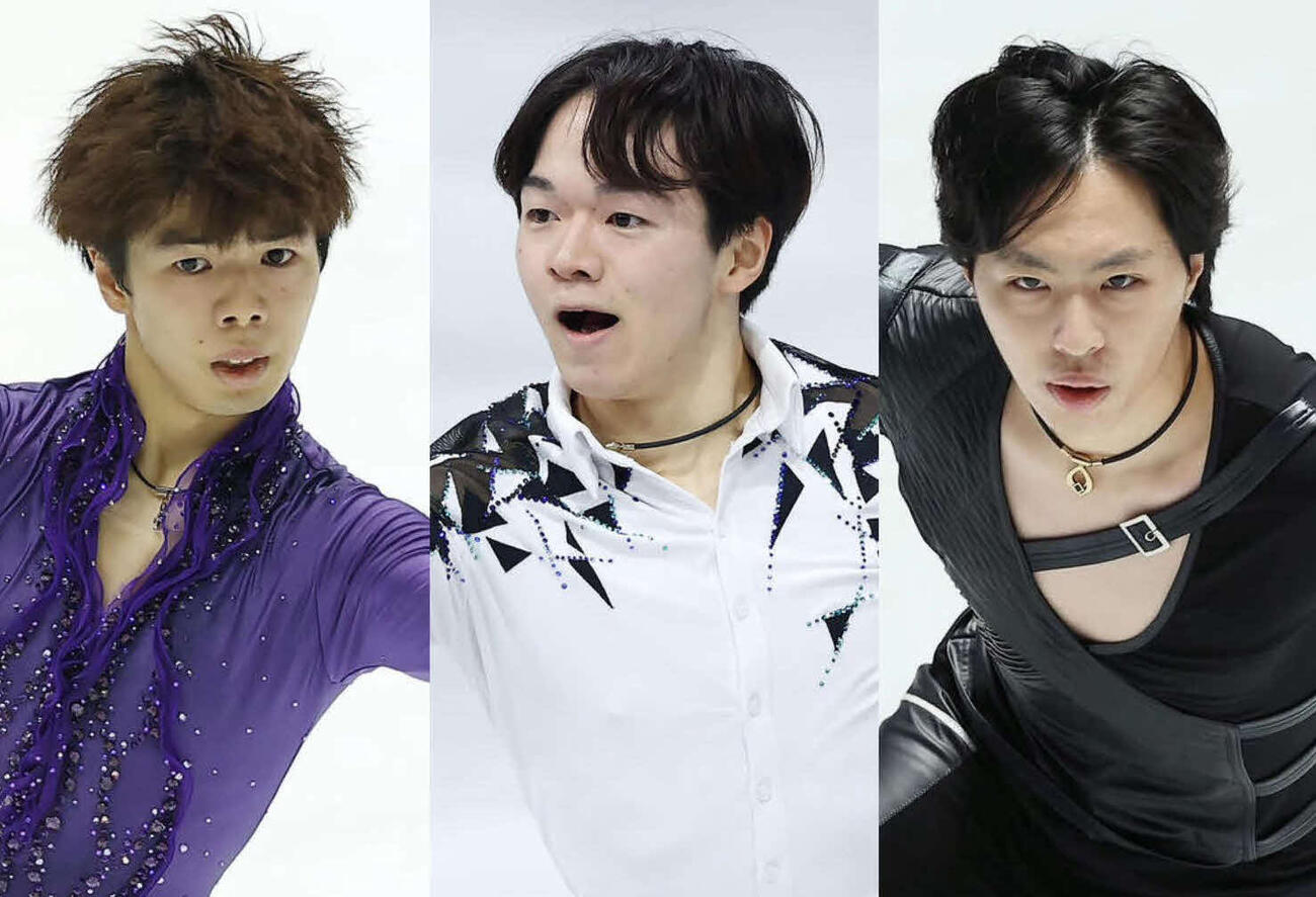 世界選手権男子SPに臨んだ佐藤駿、鍵山優真、三浦佳生（左から）