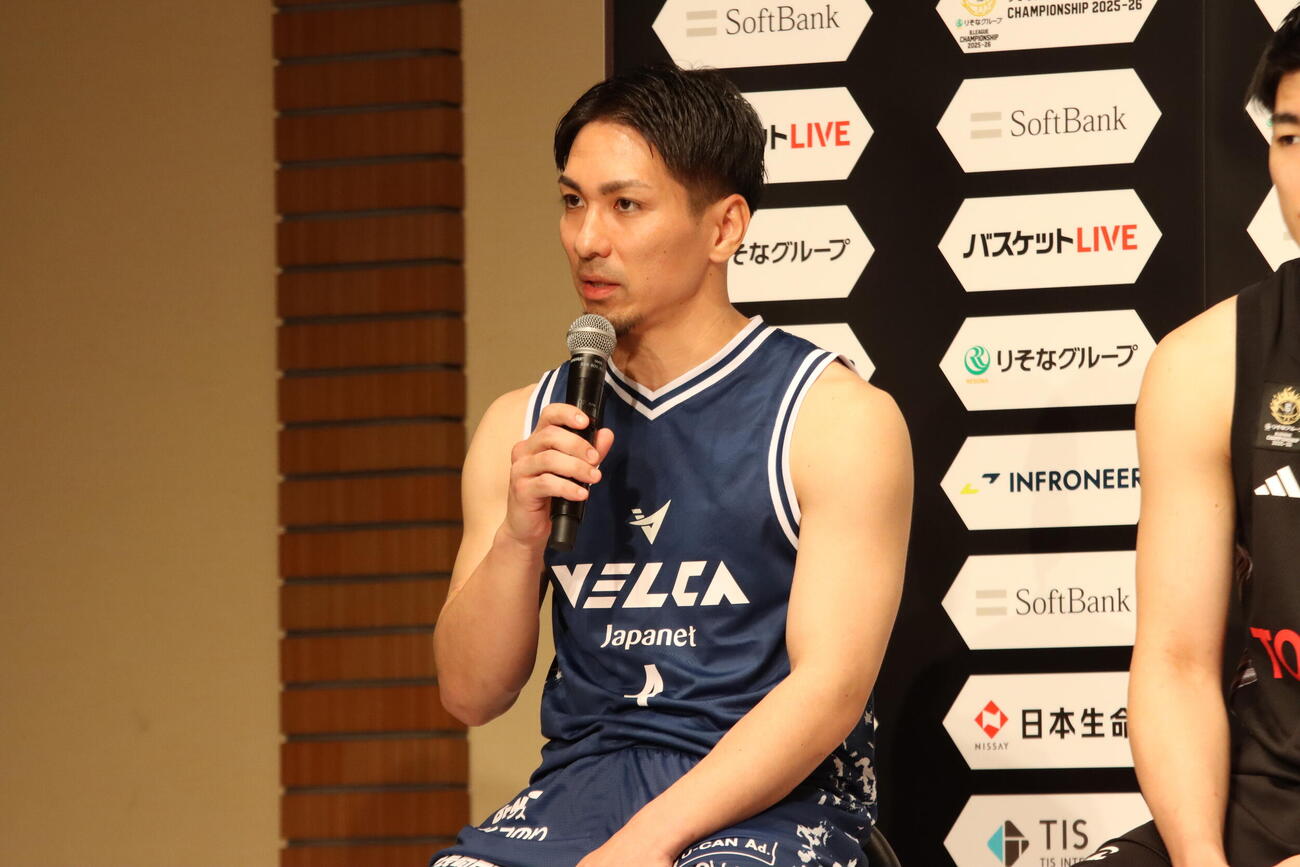 BリーグCS進出会見に出席した長崎・狩俣昌也（撮影・保坂果那）