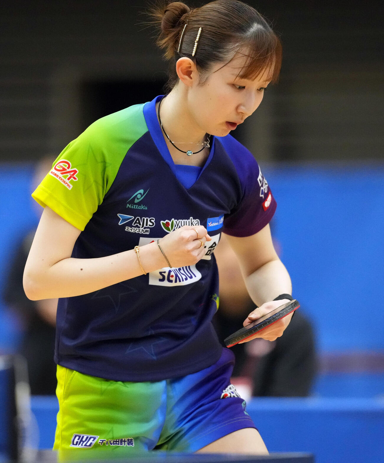 卓球アジア選手権代表選考会最終日　女子シングルス　早田ひな対高森愛央　第3セット、ポイントを奪いガッツポーズをする早田ひな（撮影・小島史椰）