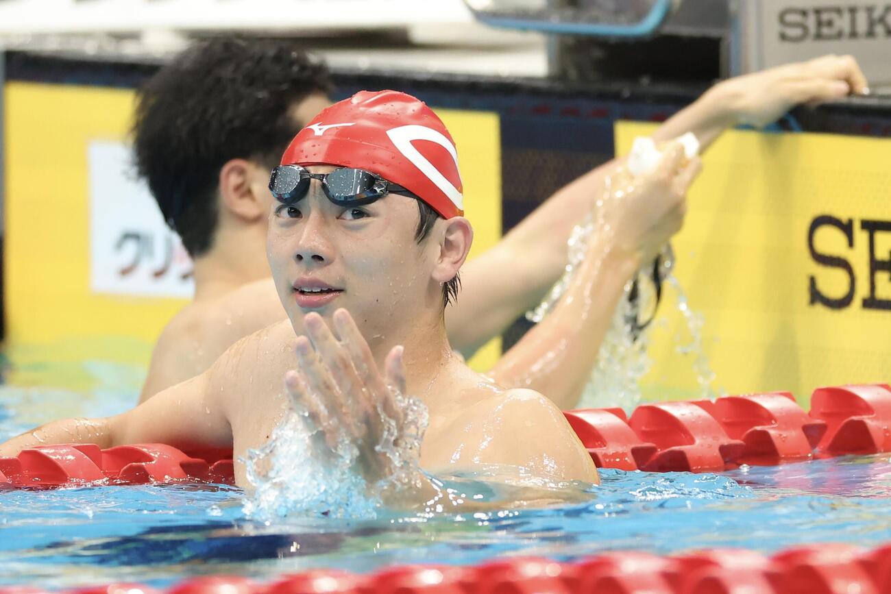 第102回日本選手権水泳競技大会　第1日　男子50メートルバタフライ決勝のレースを終えた光永翔音（撮影・河田真司）