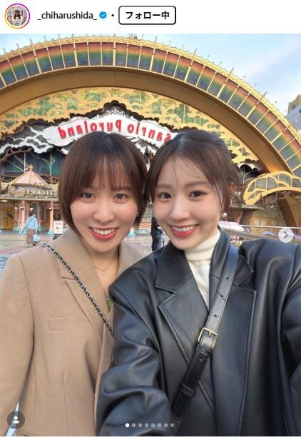 サンリオピューロランドで遊んだ平野美宇と志田千陽（志田のインスタグラムから）