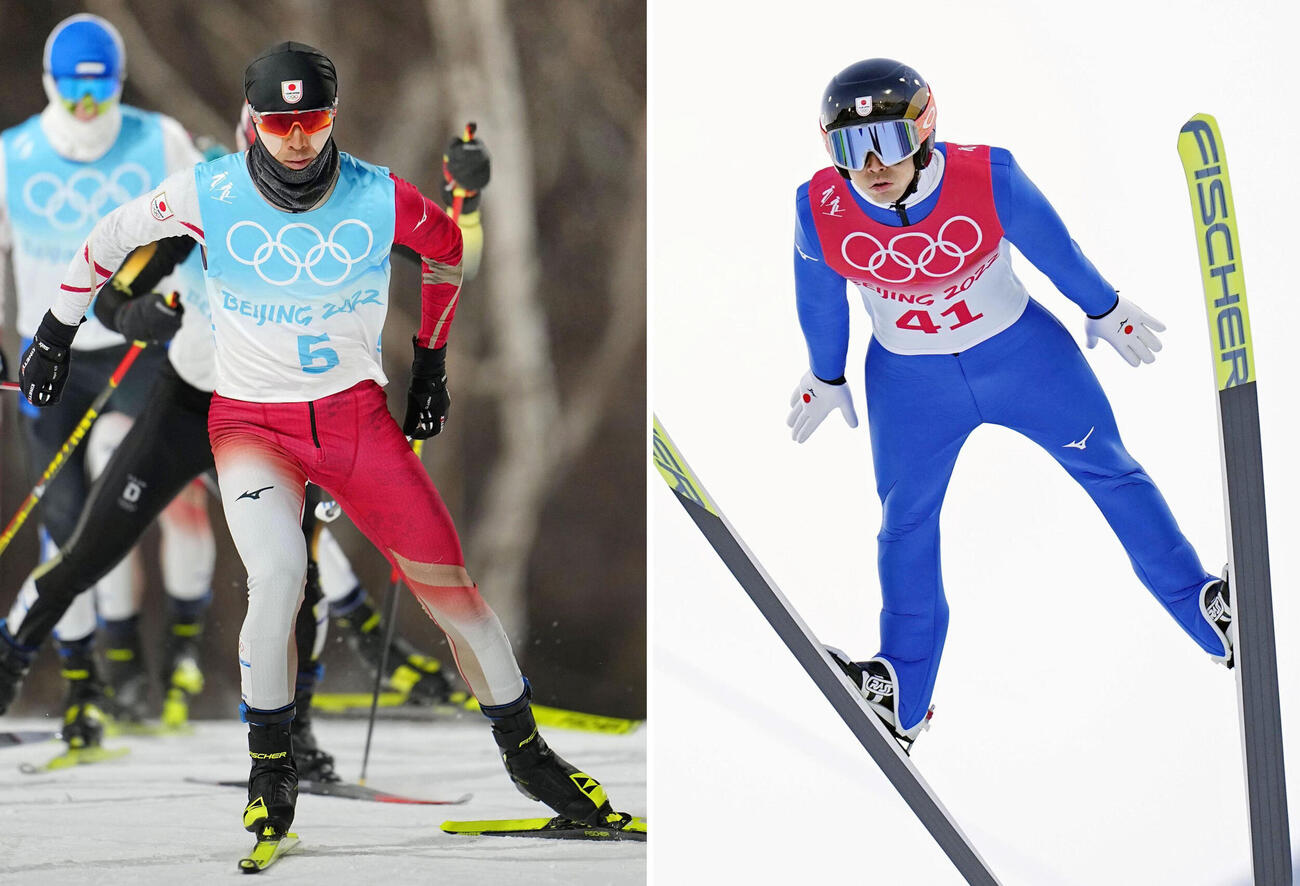 2022年北京冬季五輪のノルディックスキー複合男子個人ラージヒルで銅メダルを獲得した渡部暁斗の前半飛躍（右）と後半距離（共同）