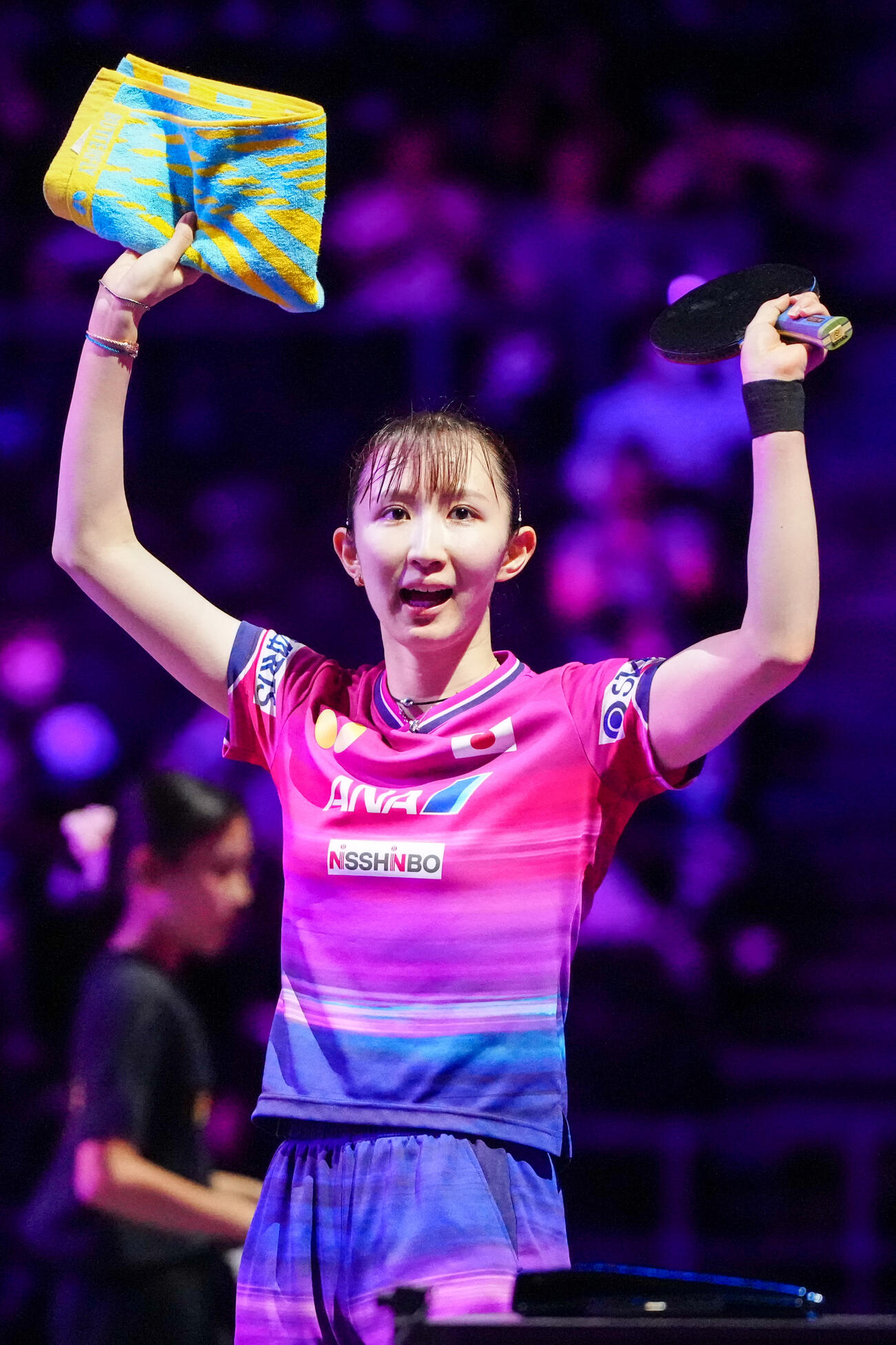 女子シングルス1回戦で香港の杜凱琹に勝利した早田ひな（撮影・江口和貴）