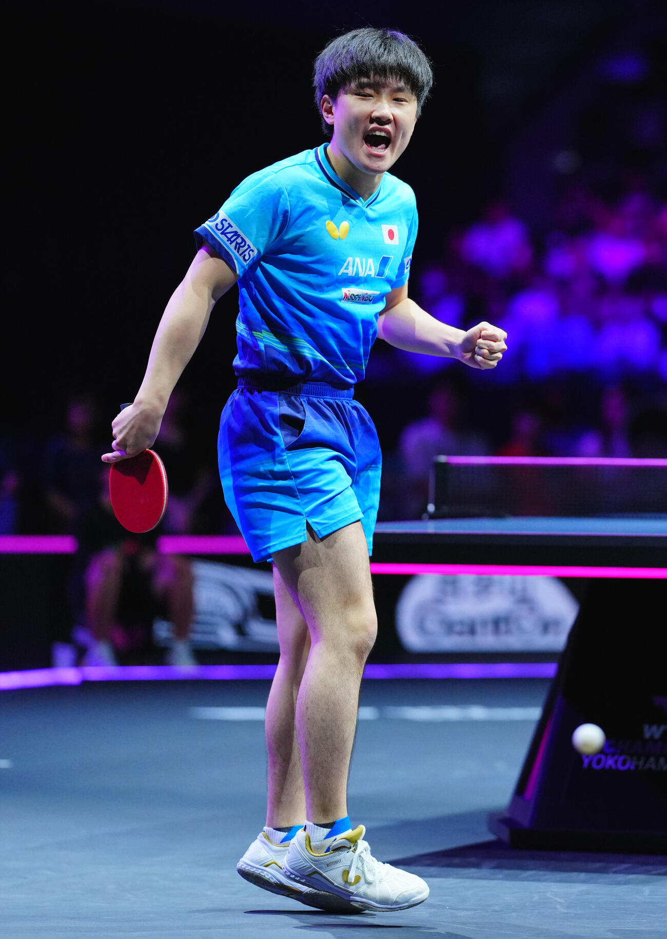 男子準々決勝でアレクシス・ルブランと対戦する張本智和（撮影・垰建太）