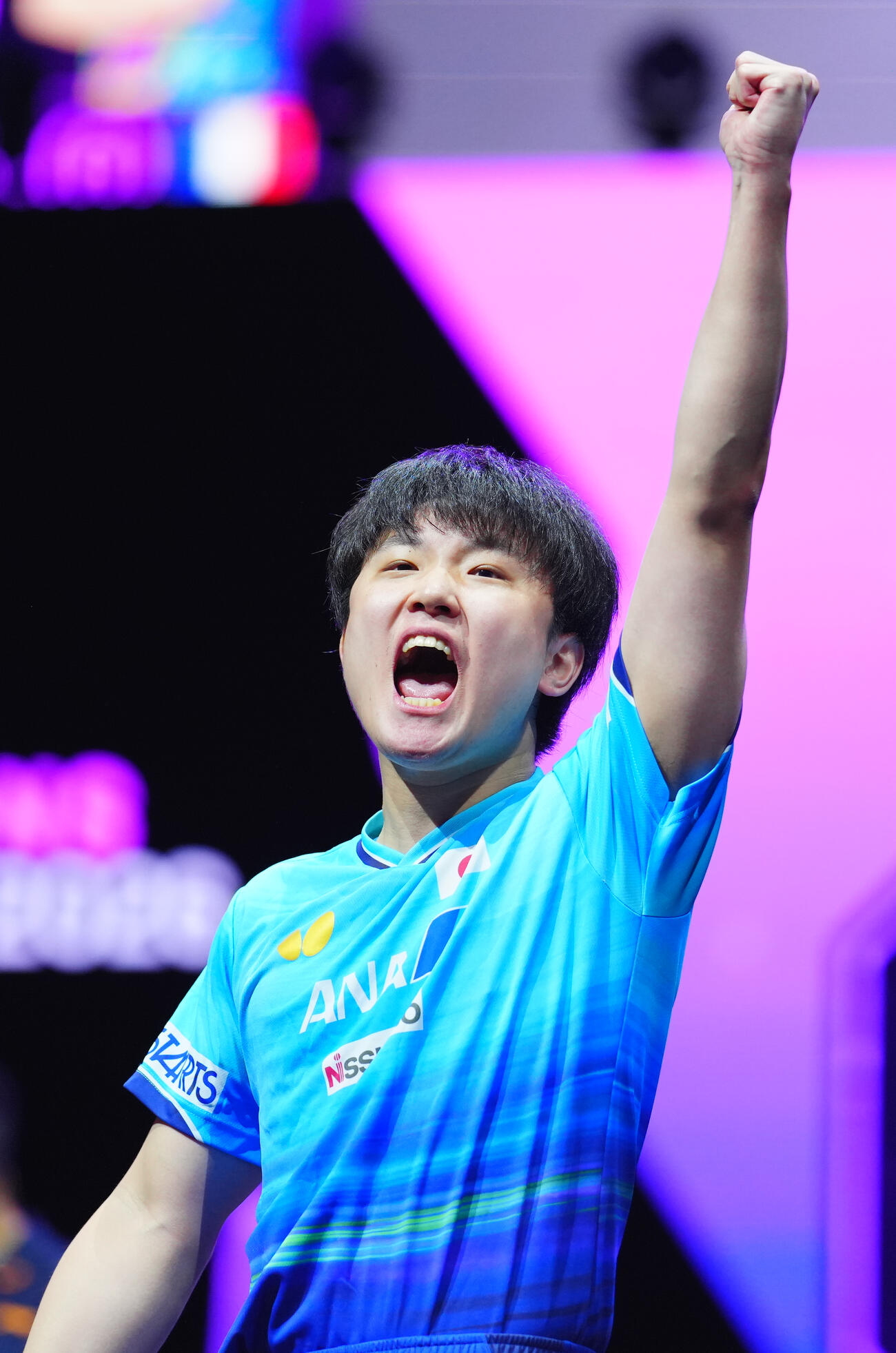 男子準々決勝でアレクシス・ルブランと対戦する張本智和（撮影・垰建太）